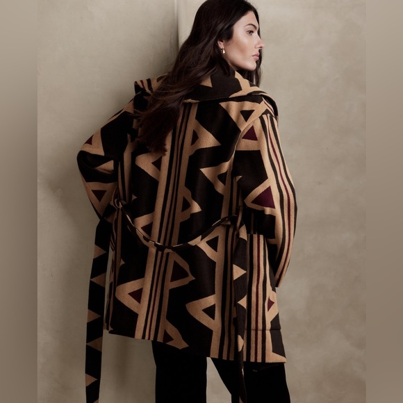NWT Banana Republic Vilama Print Fall Wool Wrap Coat in Malbec Rad/Tan Size M/L - Picture 3 of 12